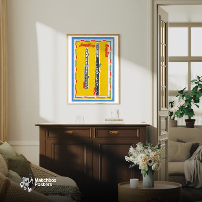 Two Flutes - vintage matchbox label print - living room mockup