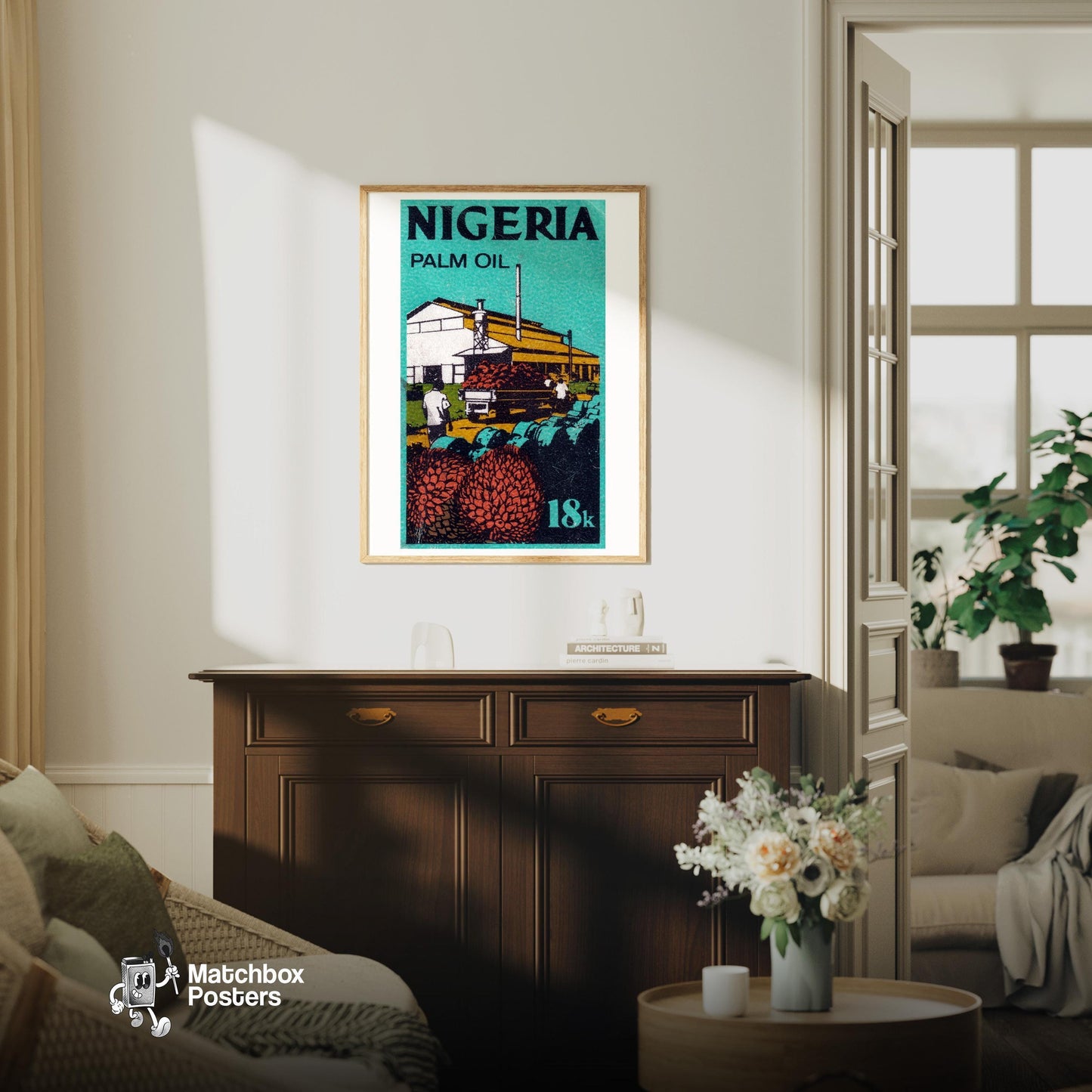 Vintage Nigerian Palm Oil Stamp Print, Factory Graphic - vintage matchbox label print - living room mockup