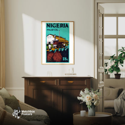 Vintage Nigerian Palm Oil Stamp Print, Factory Graphic - vintage matchbox label print - living room mockup