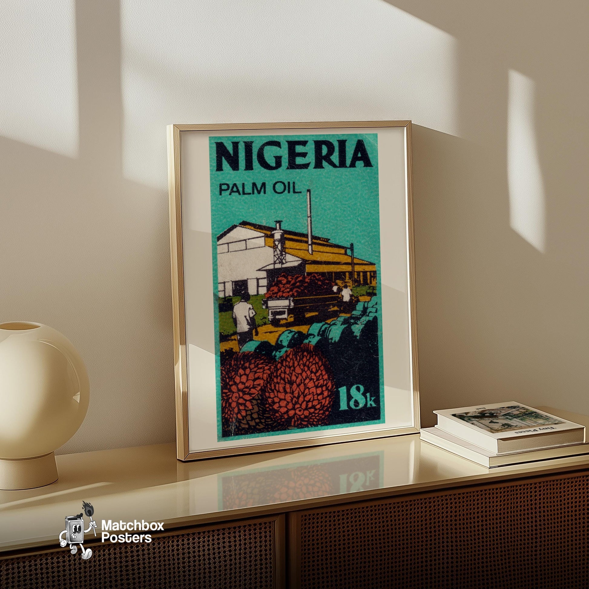 Vintage Nigerian Palm Oil Stamp Print, Factory Graphic - vintage matchbox label print - size comparison