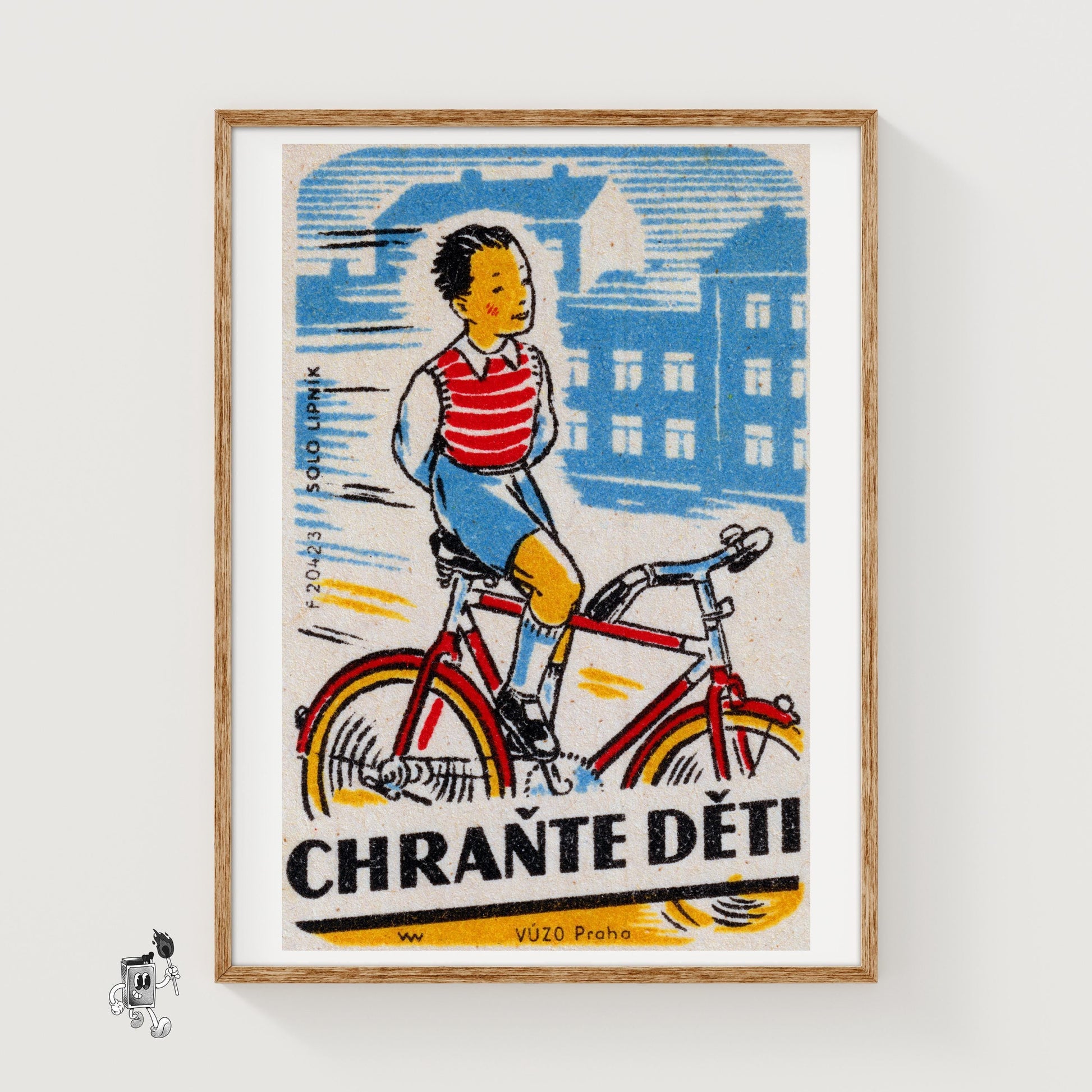 Boy Cycling - vintage matchbox label print