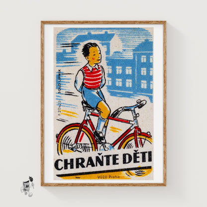 Boy Cycling - vintage matchbox label print
