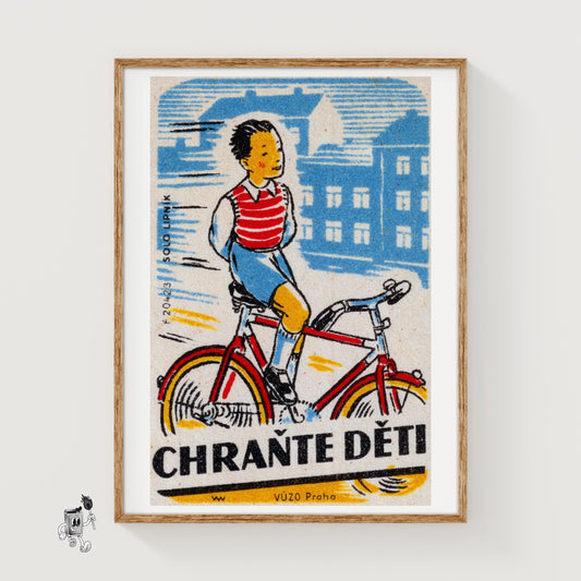 Boy Cycling - vintage matchbox label print