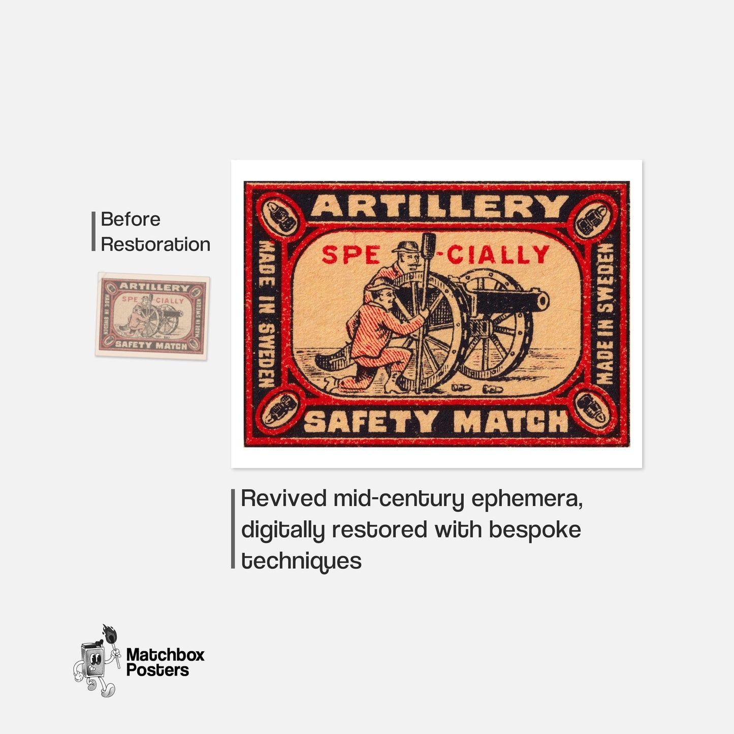 Two Soldiers Operating A Cannon - vintage matchbox label print - framed wall art preview