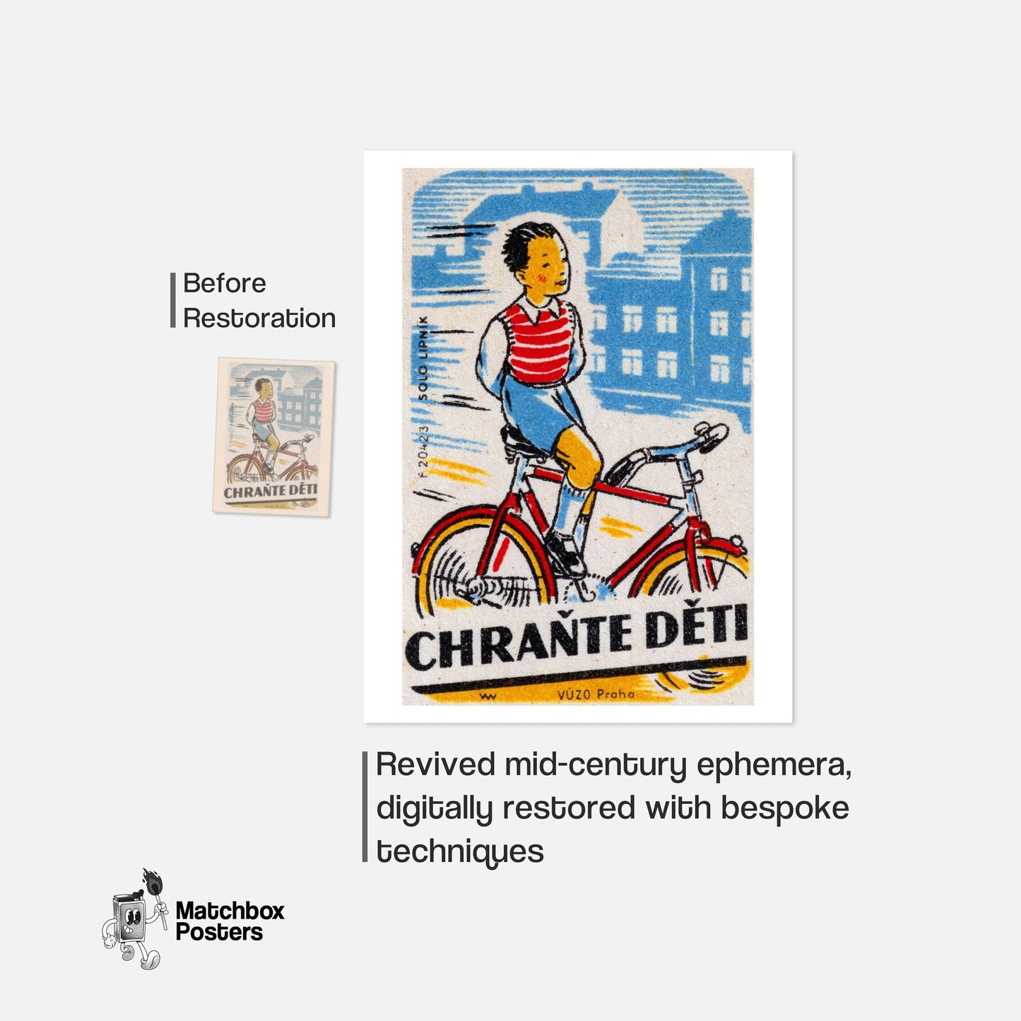 Boy Cycling - vintage matchbox label print - framed wall art preview