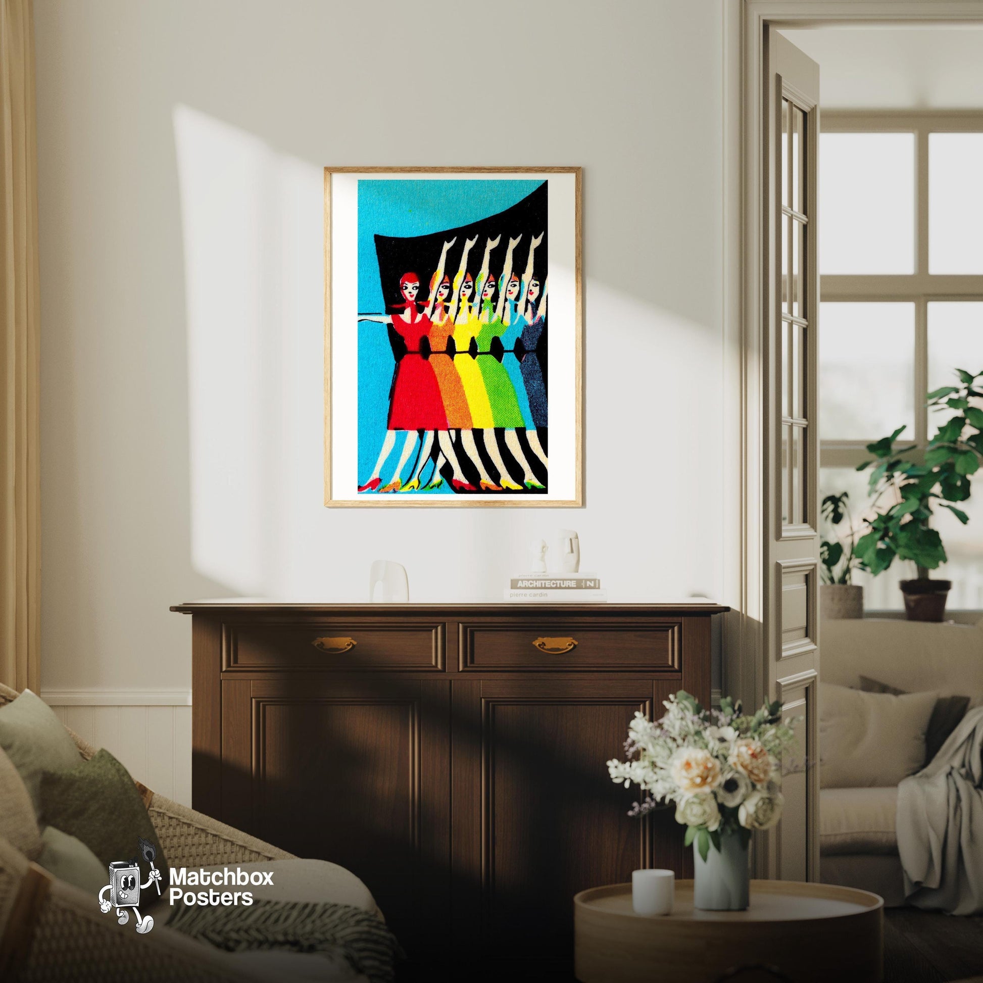 Rainbow Pride Dancers - vintage matchbox label print - living room mockup