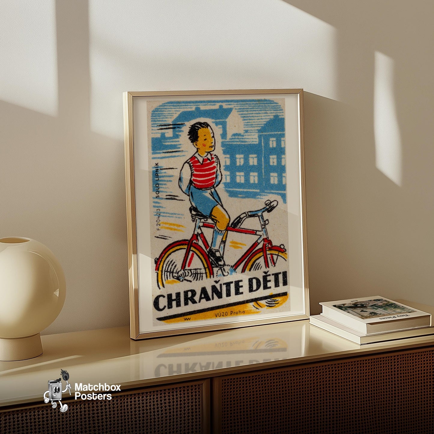 Boy Cycling - vintage matchbox label print - size comparison