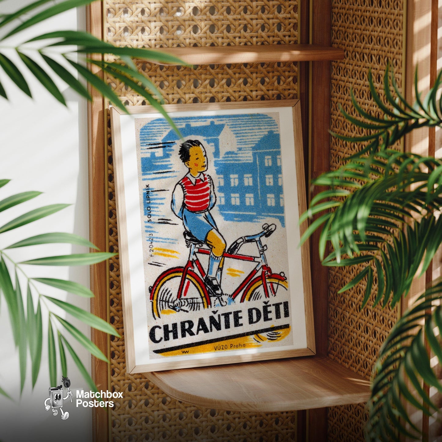 Boy Cycling - vintage matchbox label print - office wall