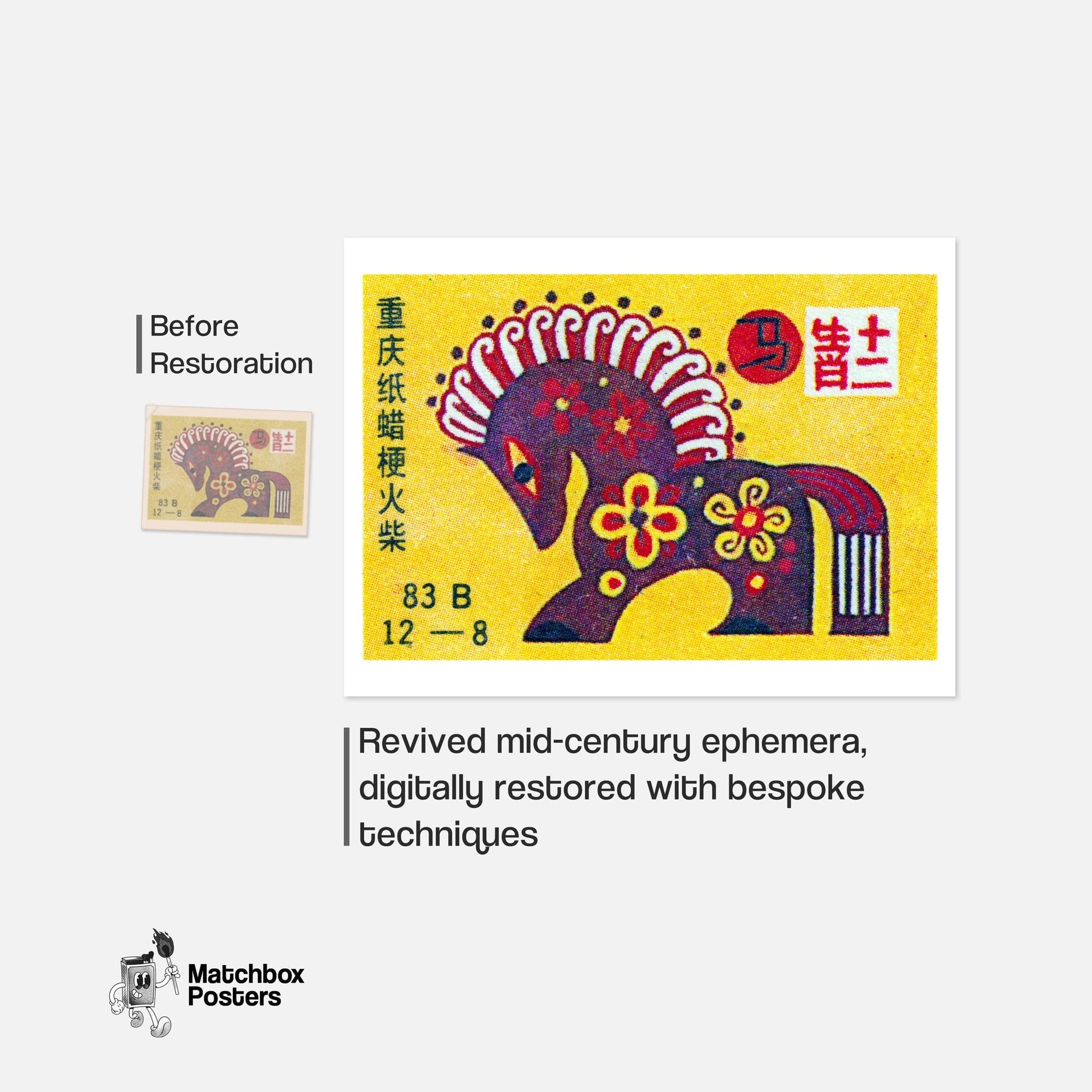 Chinese Horse - vintage matchbox label print - framed wall art preview