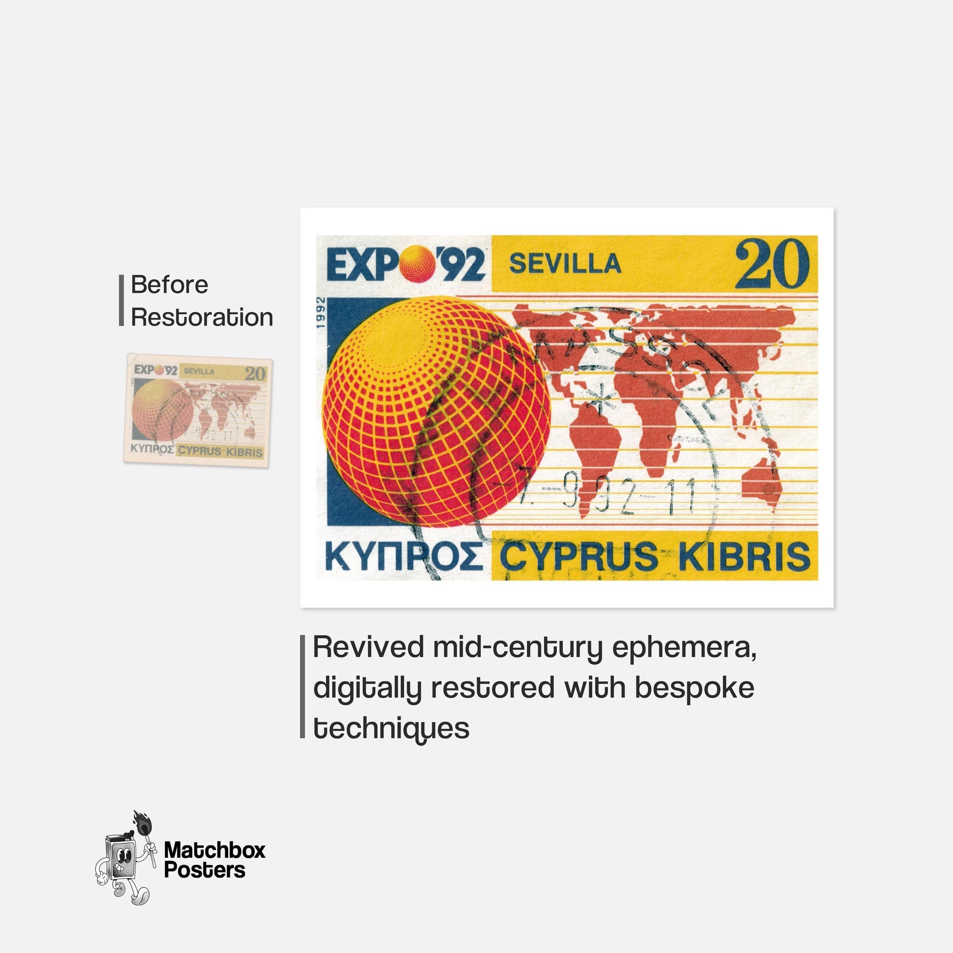 Expo '92 Sevilla Cyprus 1980s - vintage matchbox label print - framed wall art preview