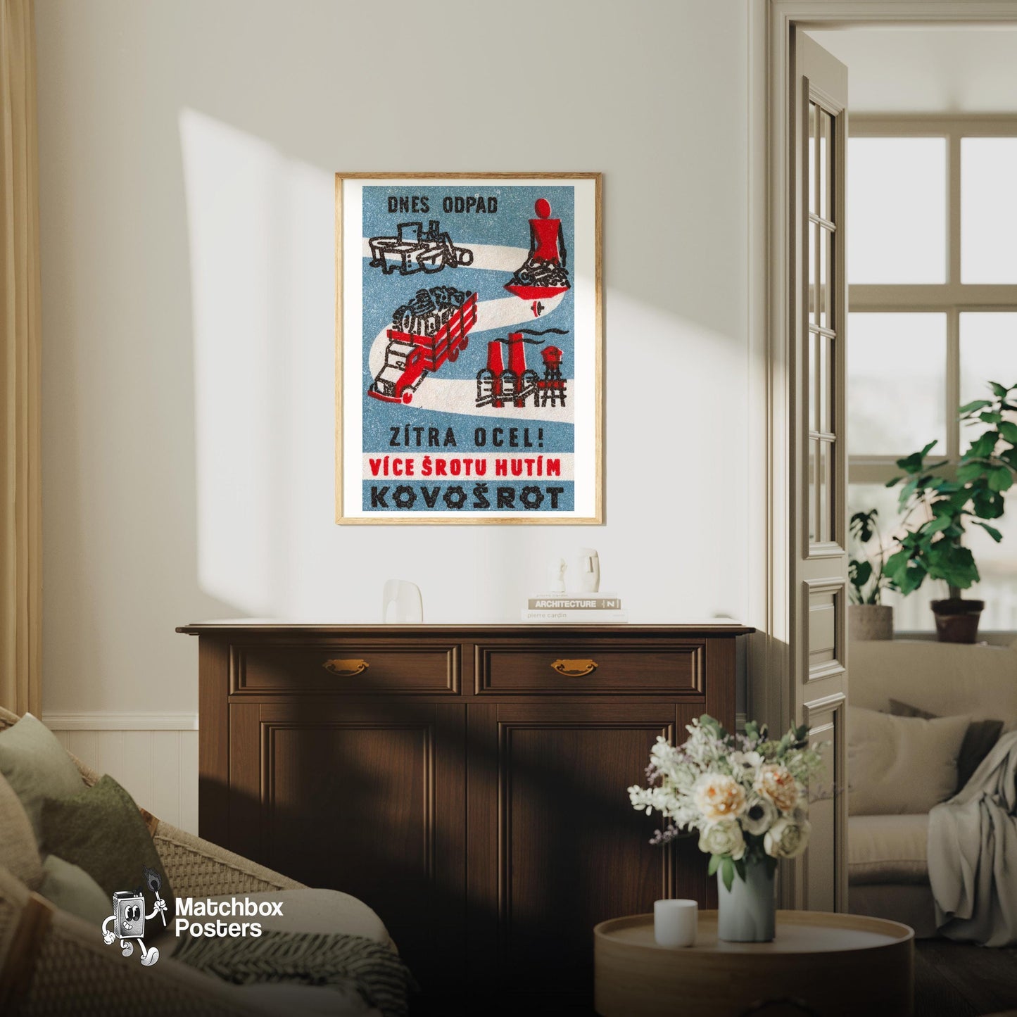 Garbage Today, Tomorrow Steel! - vintage matchbox label print - living room mockup