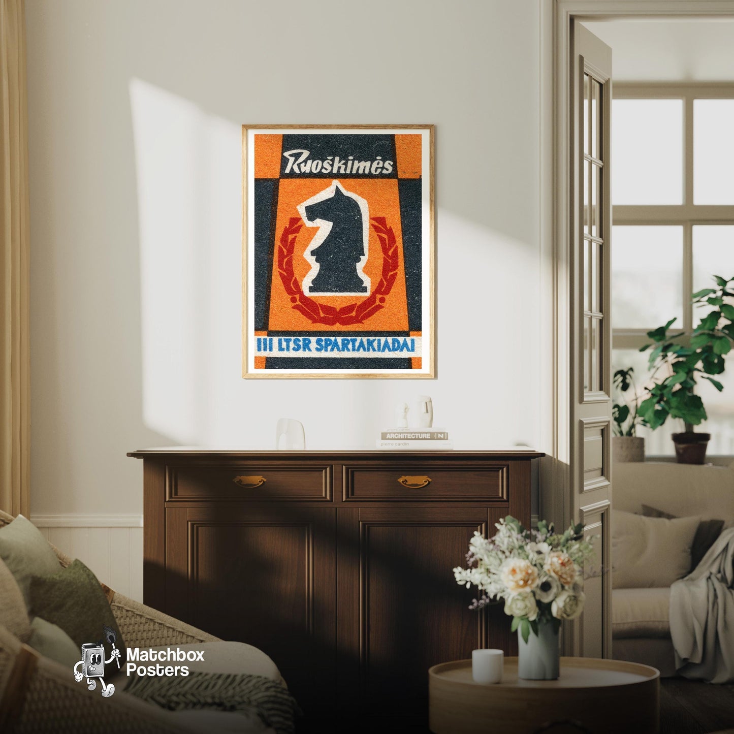 Chess Knight - vintage matchbox label print - living room mockup