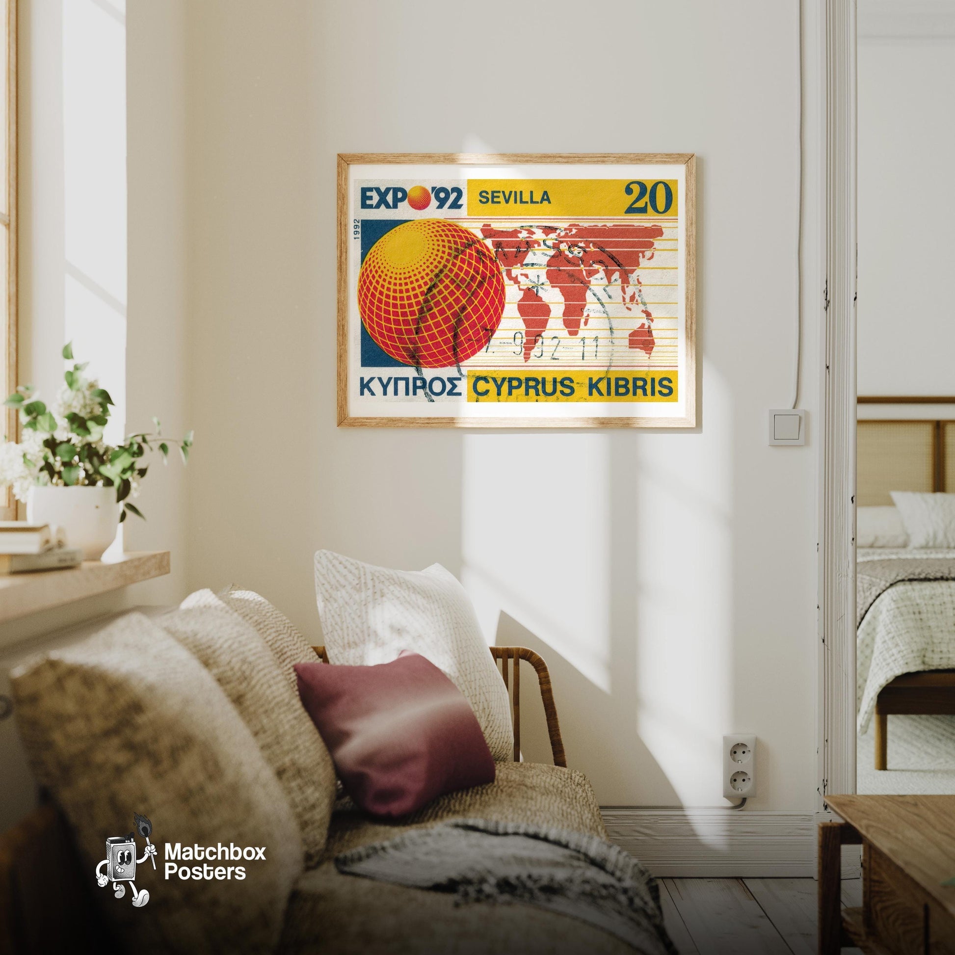 Expo '92 Sevilla Cyprus 1980s - vintage matchbox label print - living room mockup