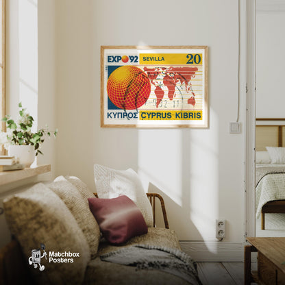 Expo '92 Sevilla Cyprus 1980s - vintage matchbox label print - living room mockup