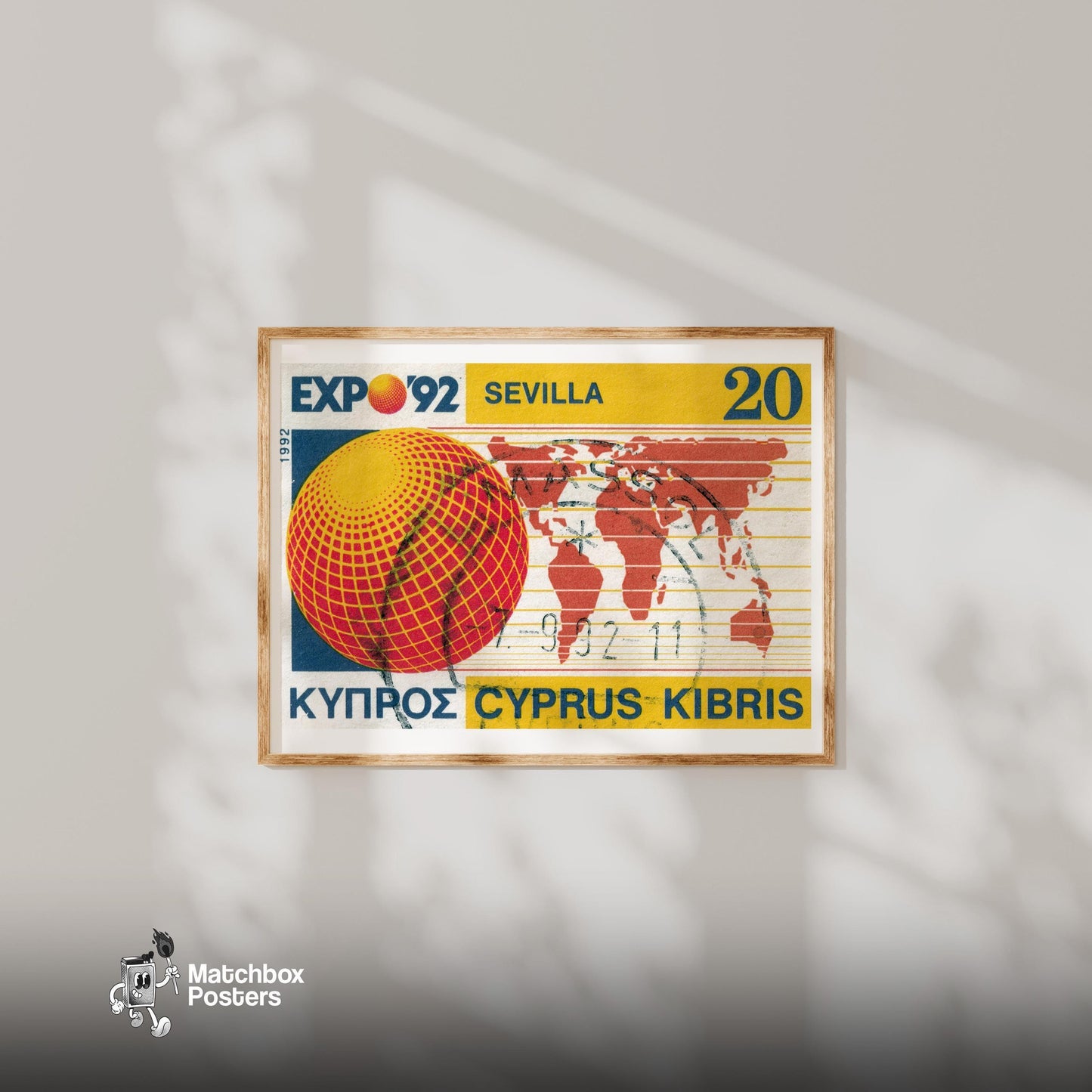 Expo '92 Sevilla Cyprus 1980s - vintage matchbox label print - bedroom mockup