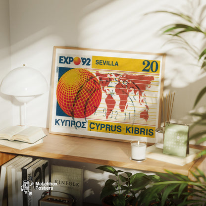 Expo '92 Sevilla Cyprus 1980s - vintage matchbox label print - office wall