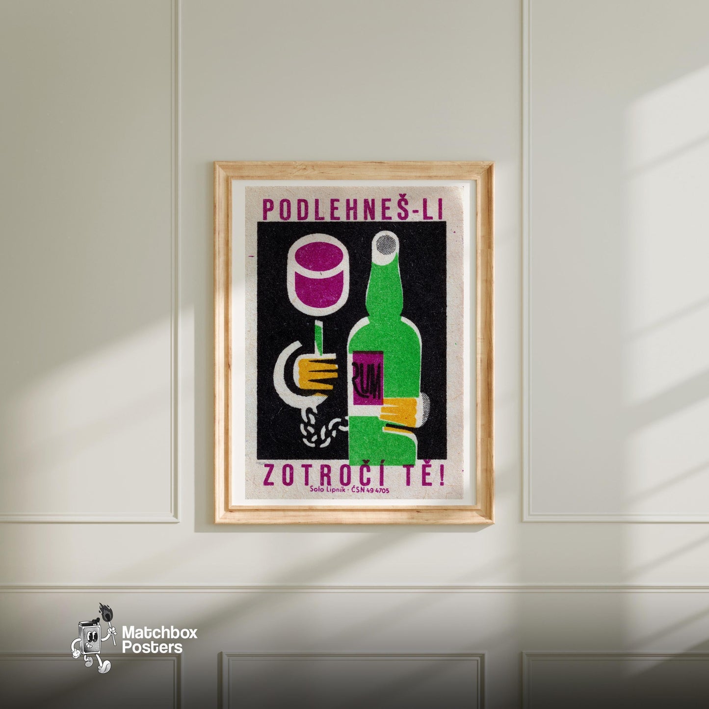 Hand Chained to Rum Bottle - vintage matchbox label print - bedroom mockup