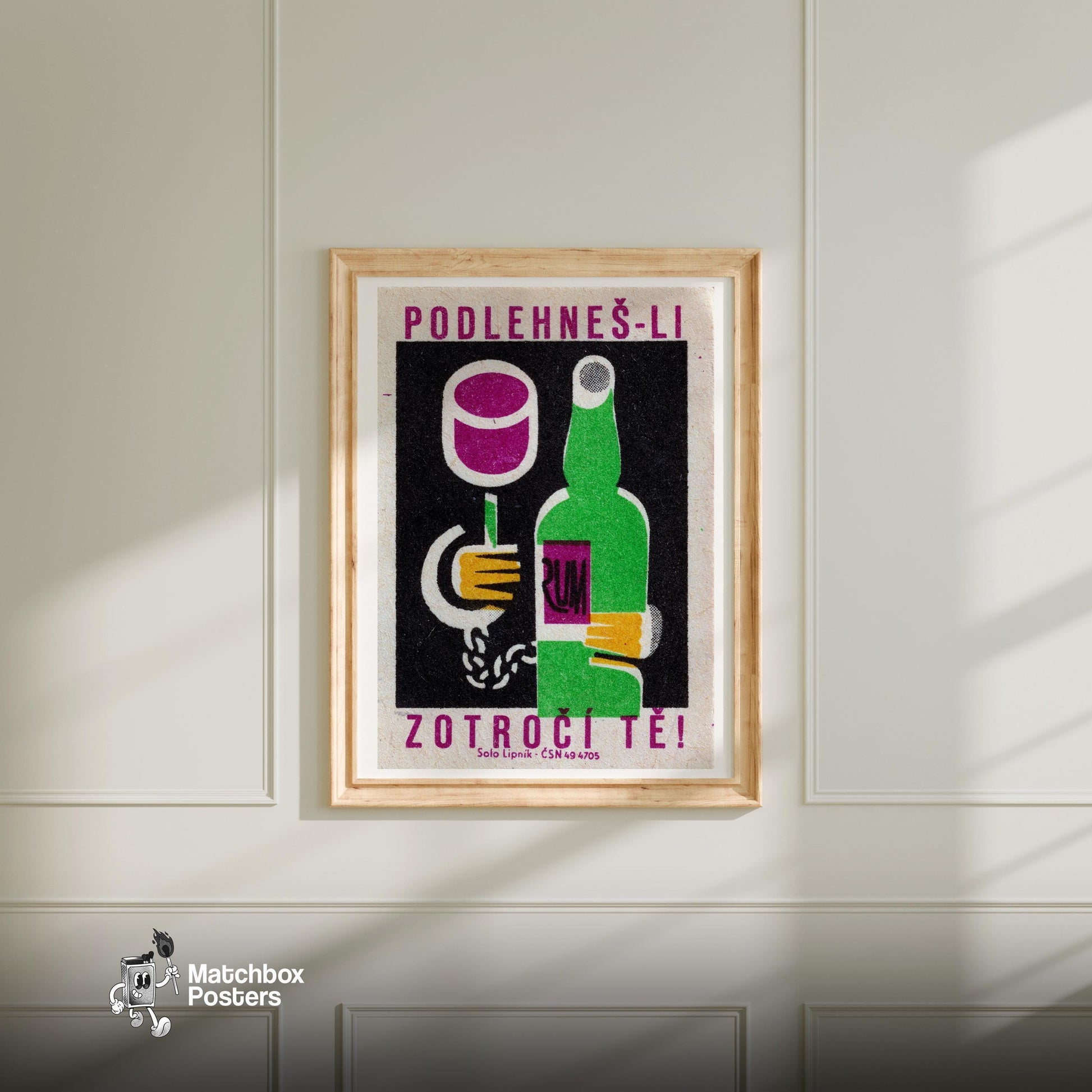 Hand Chained to Rum Bottle - vintage matchbox label print - bedroom mockup
