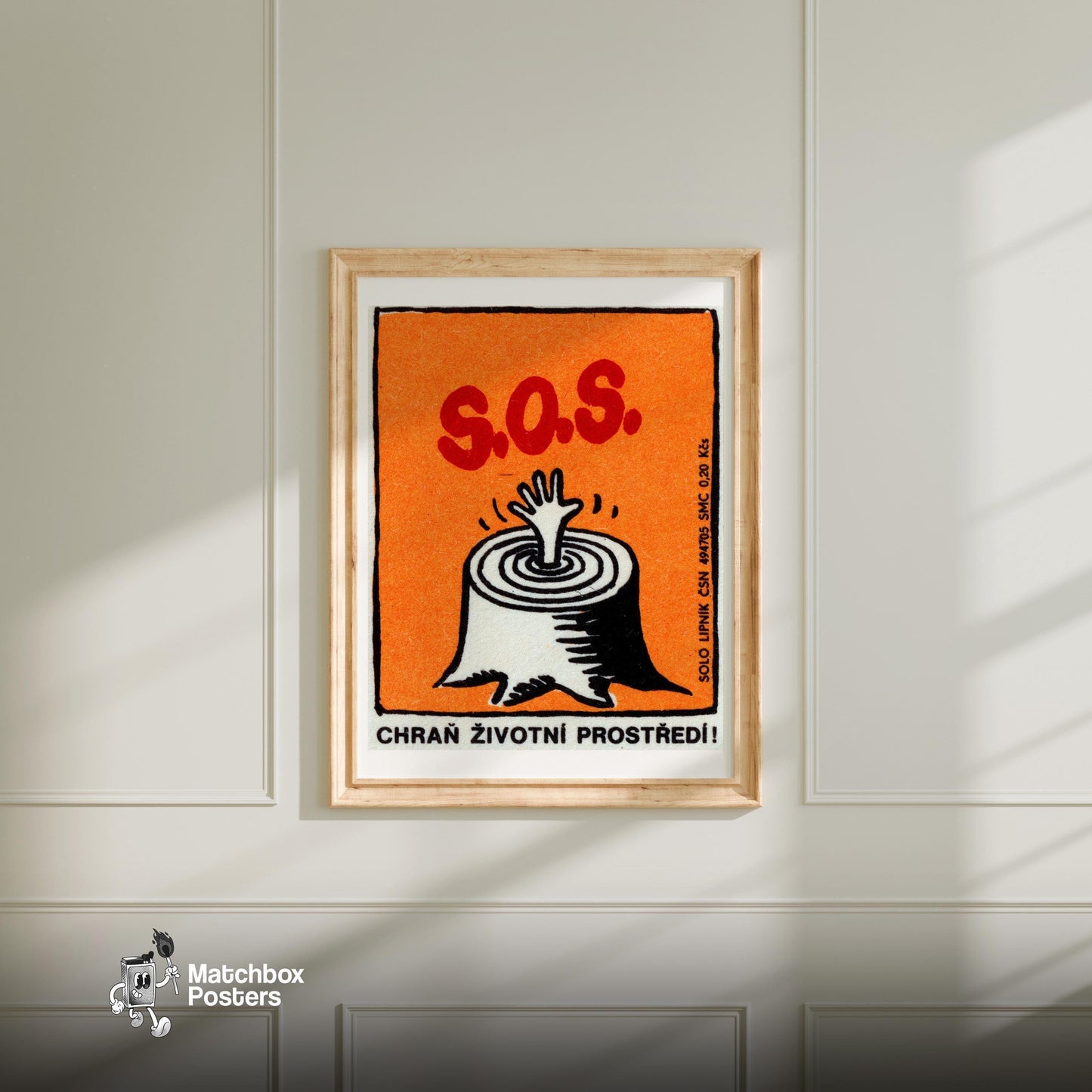 Hand from Tree Stump - vintage matchbox label print - bedroom mockup