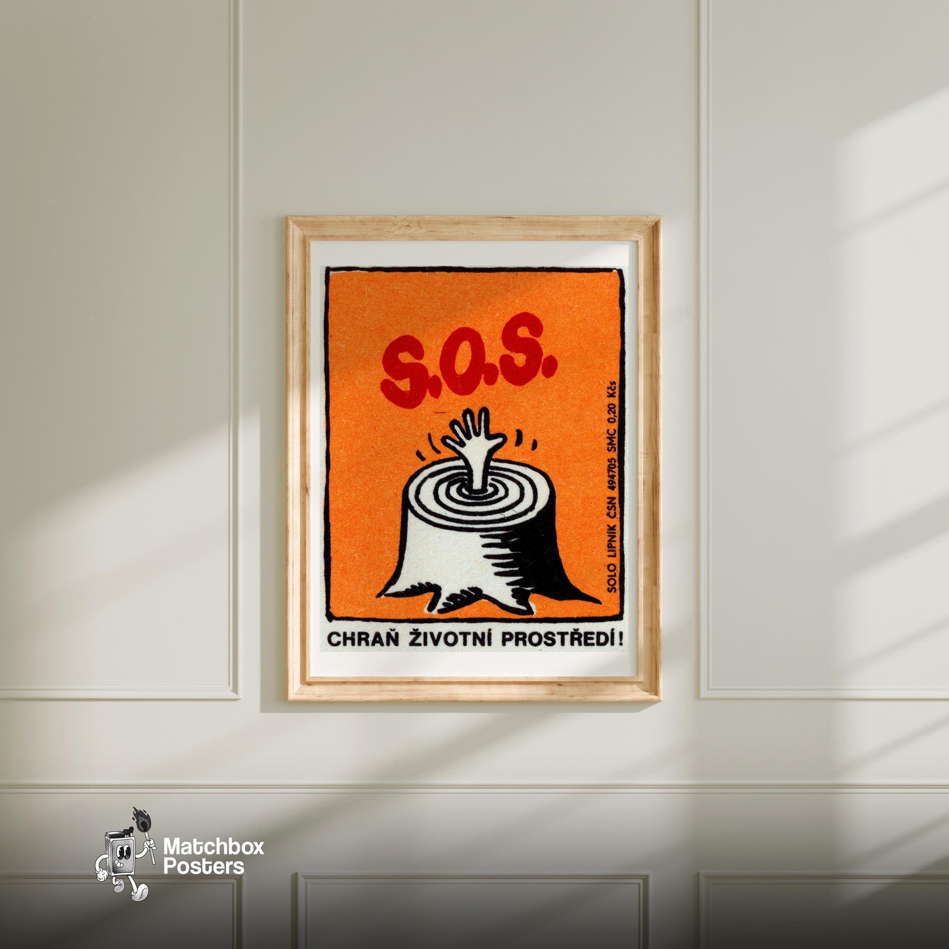 Hand from Tree Stump - vintage matchbox label print - bedroom mockup