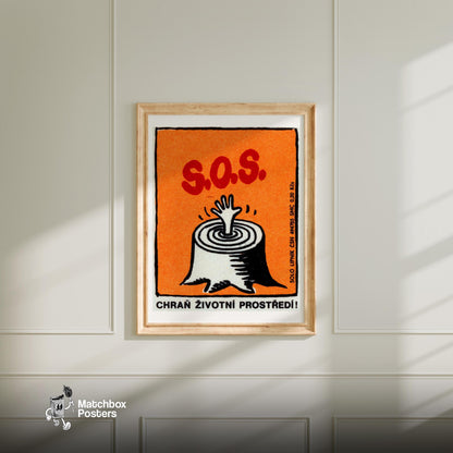 Hand from Tree Stump - vintage matchbox label print - bedroom mockup