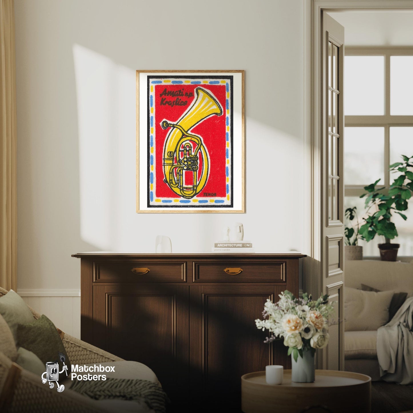 Tuba - vintage matchbox label print - living room mockup