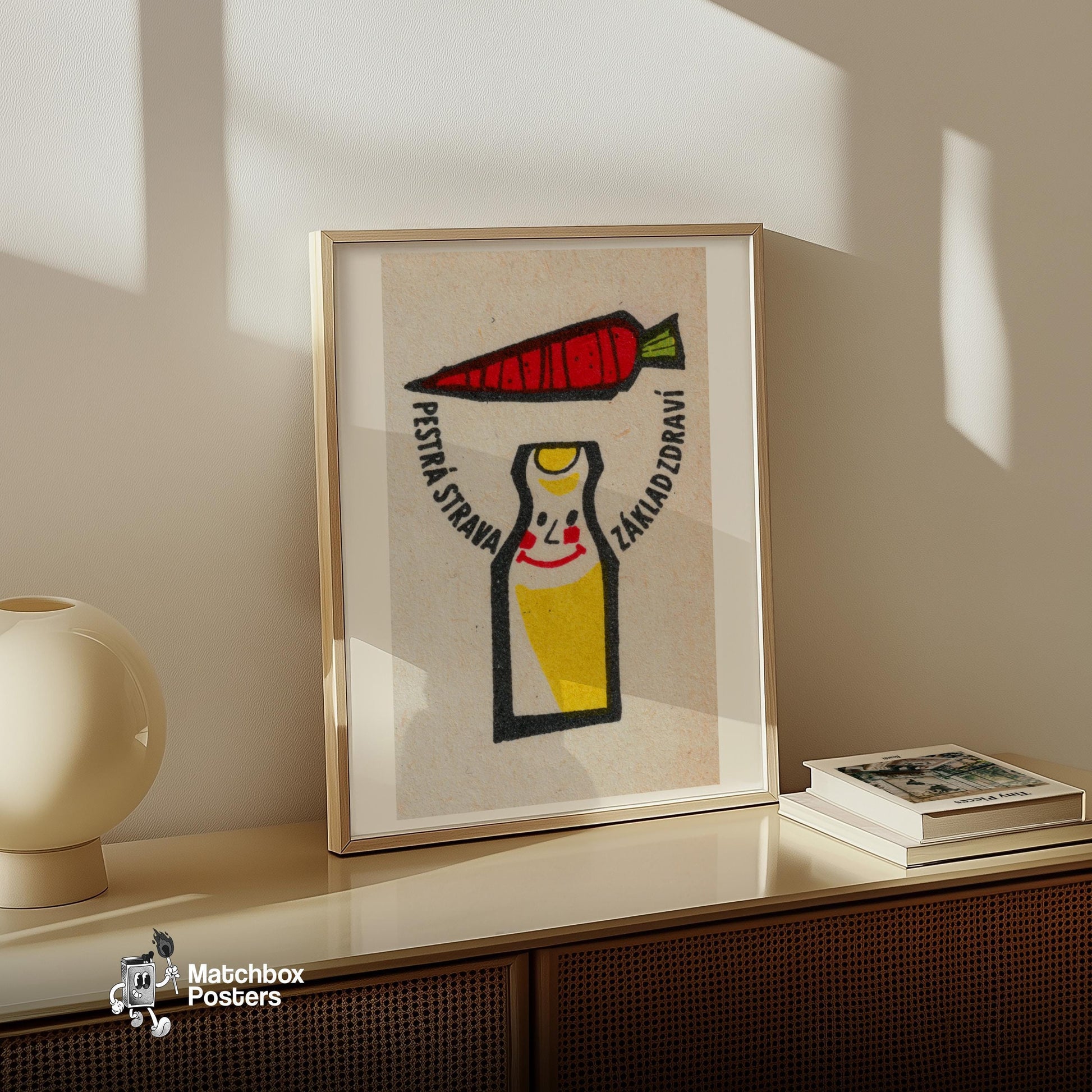 Carrot and Bottle - vintage matchbox label print - size comparison