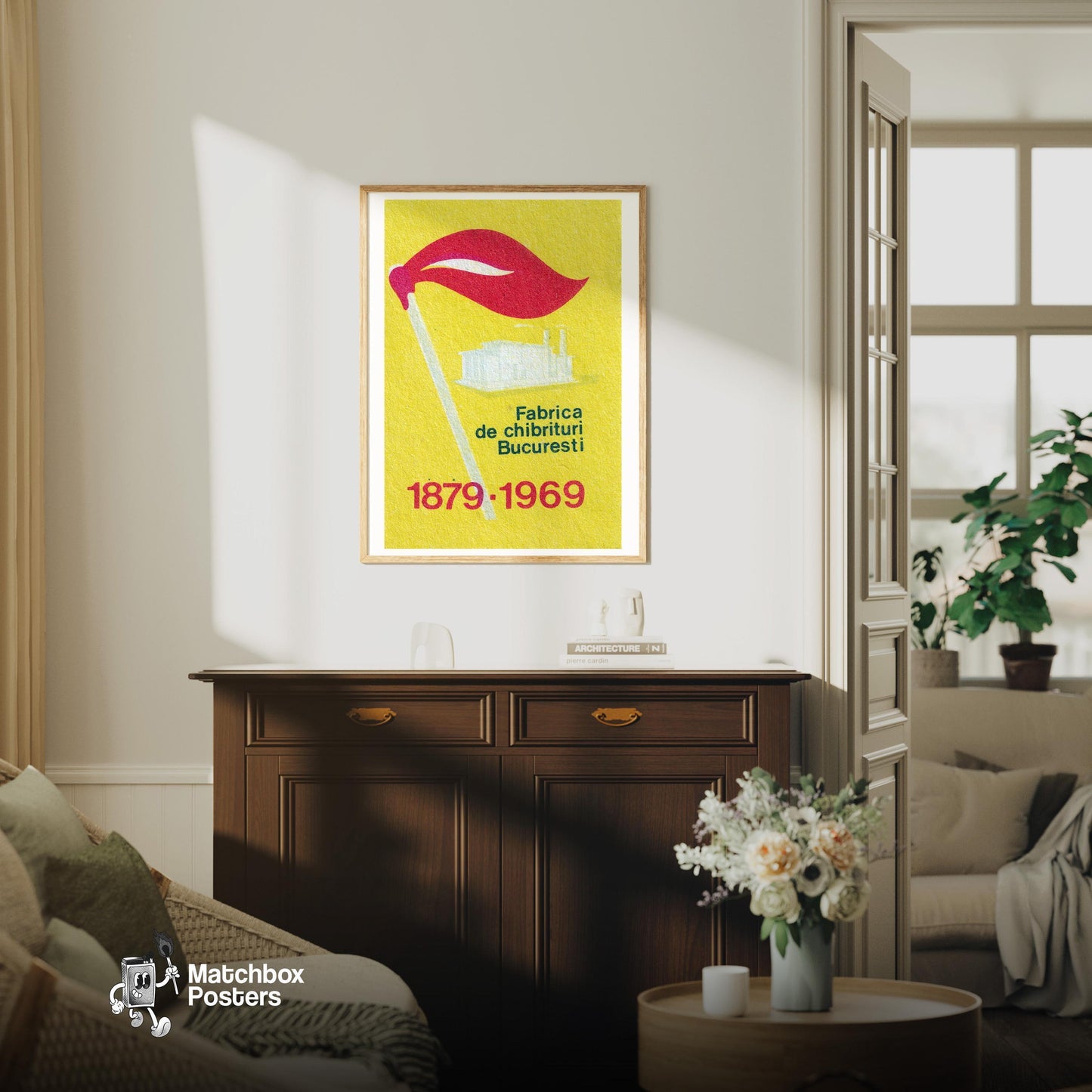 Stylized Factory Romania - vintage matchbox label print - living room mockup