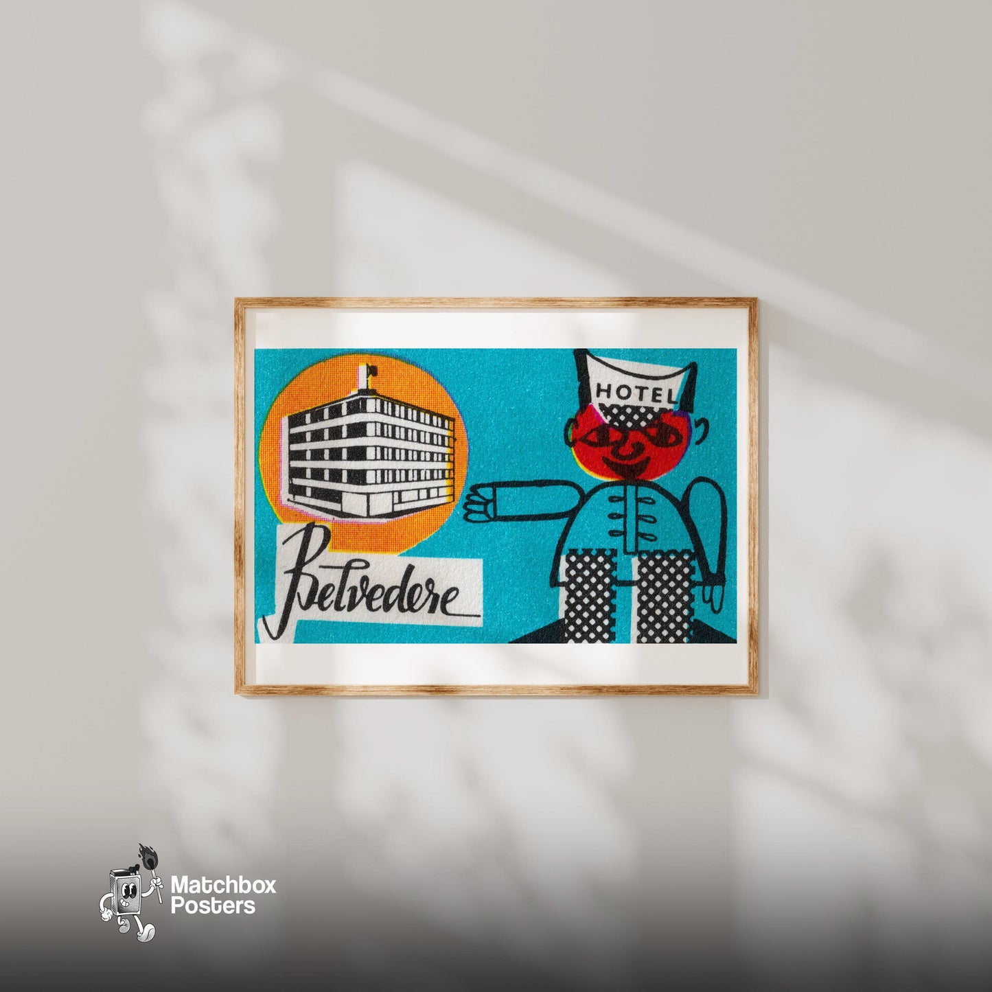 Hotel Belvedere - vintage matchbox label print - bedroom mockup