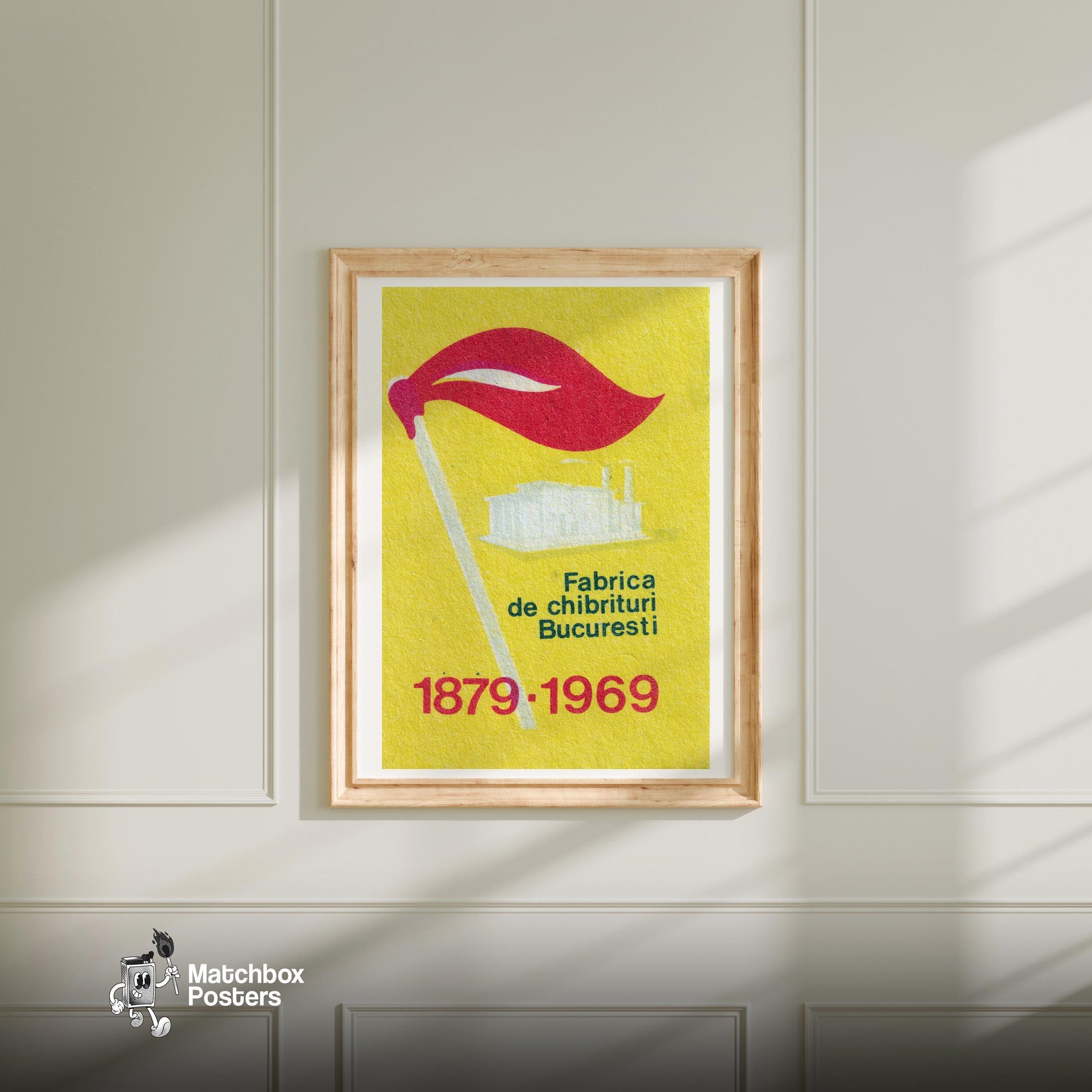 Stylized Factory Romania - vintage matchbox label print - bedroom mockup