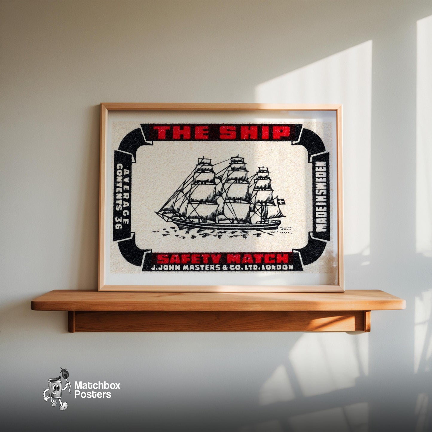 Sailing Ship - vintage matchbox label print - size comparison
