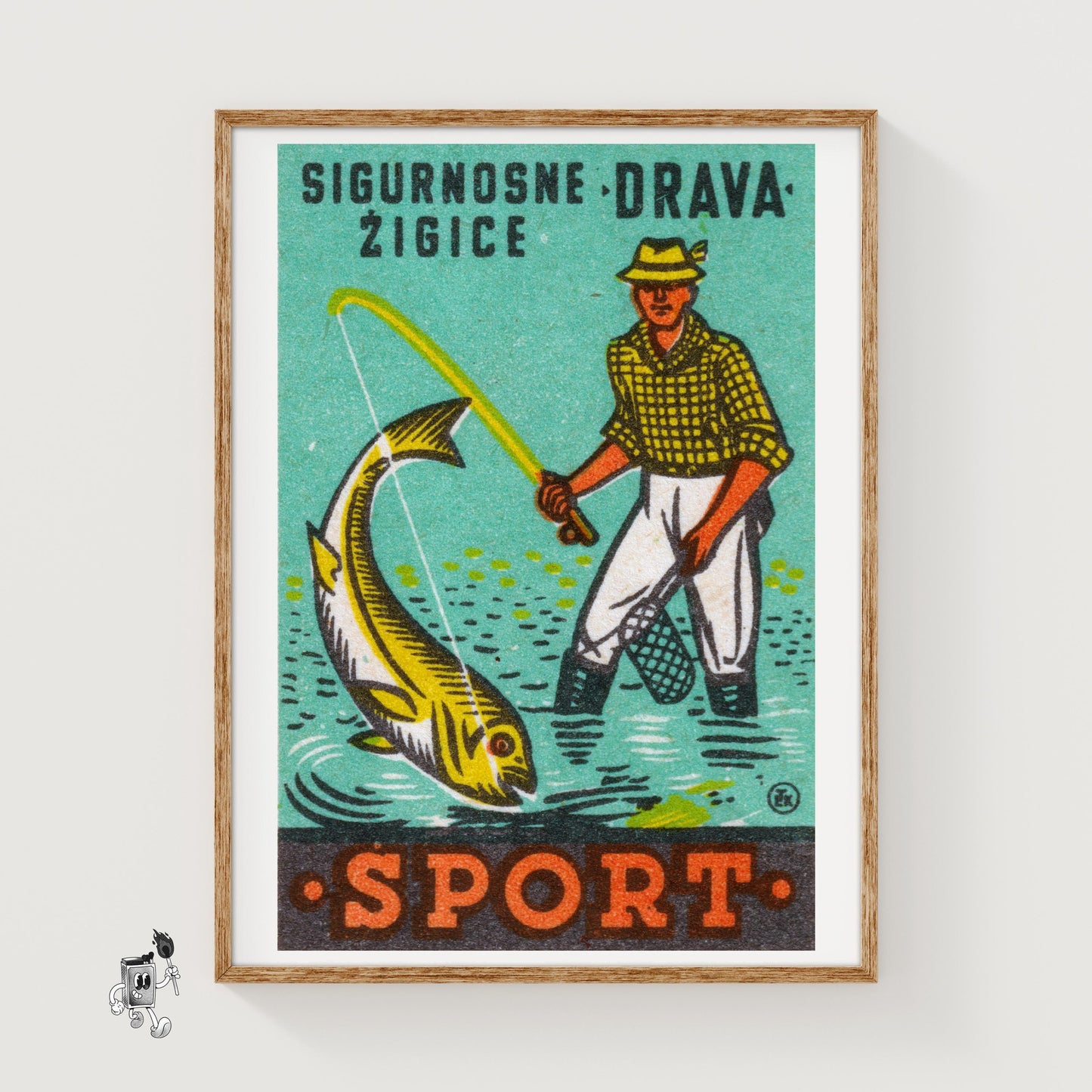 Fishing Man - vintage matchbox label print