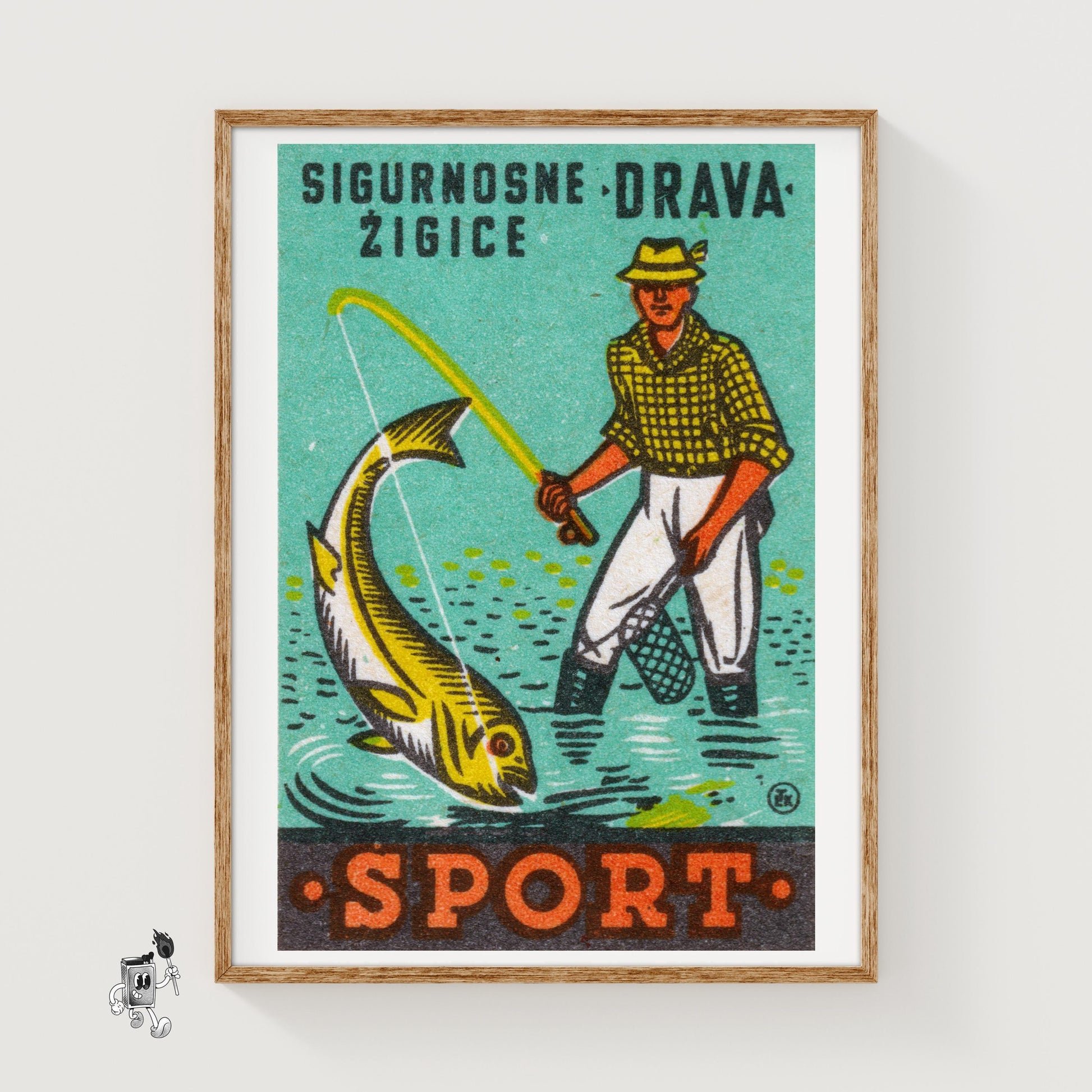 Fishing Man - vintage matchbox label print