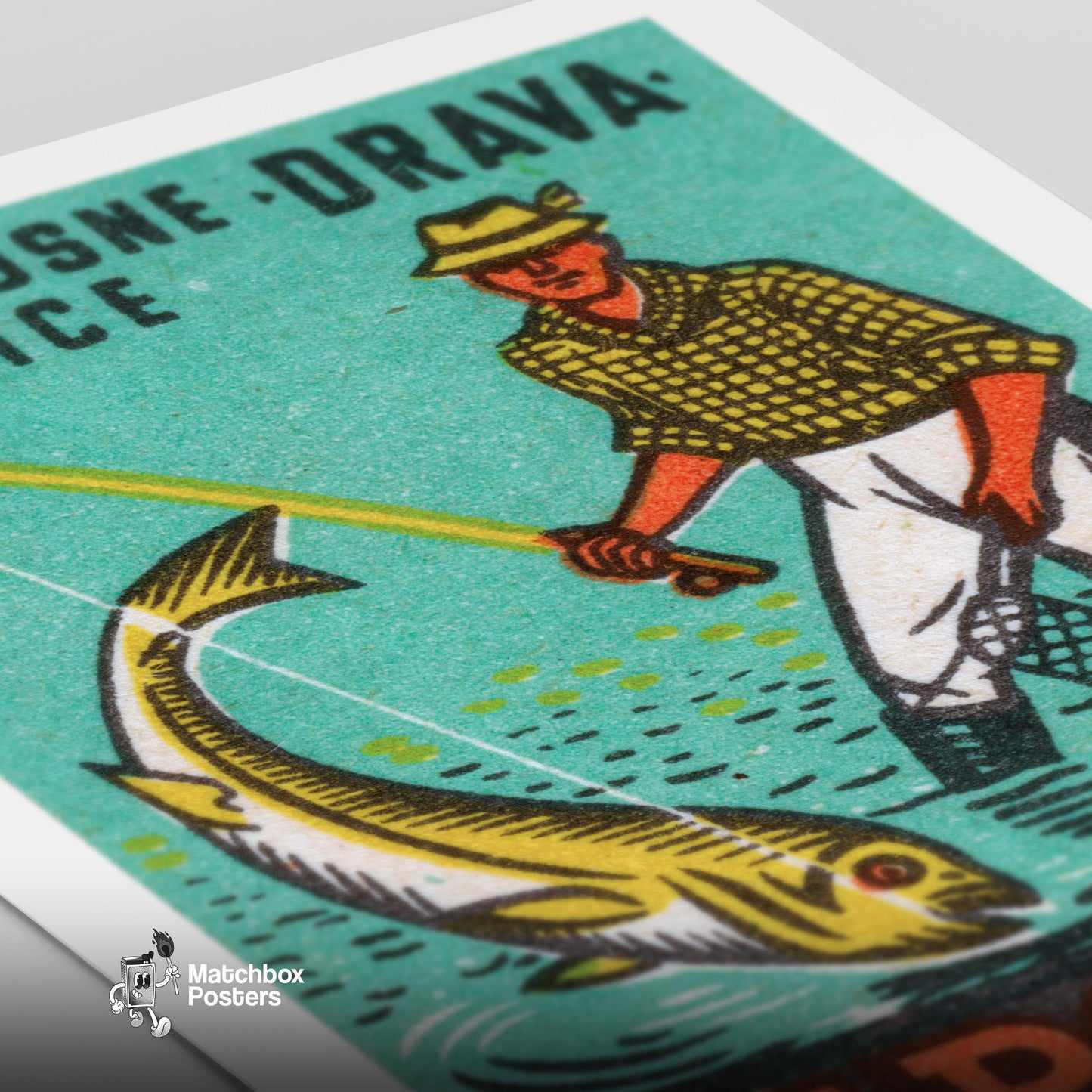 Fishing Man - vintage matchbox label print - close-up detail