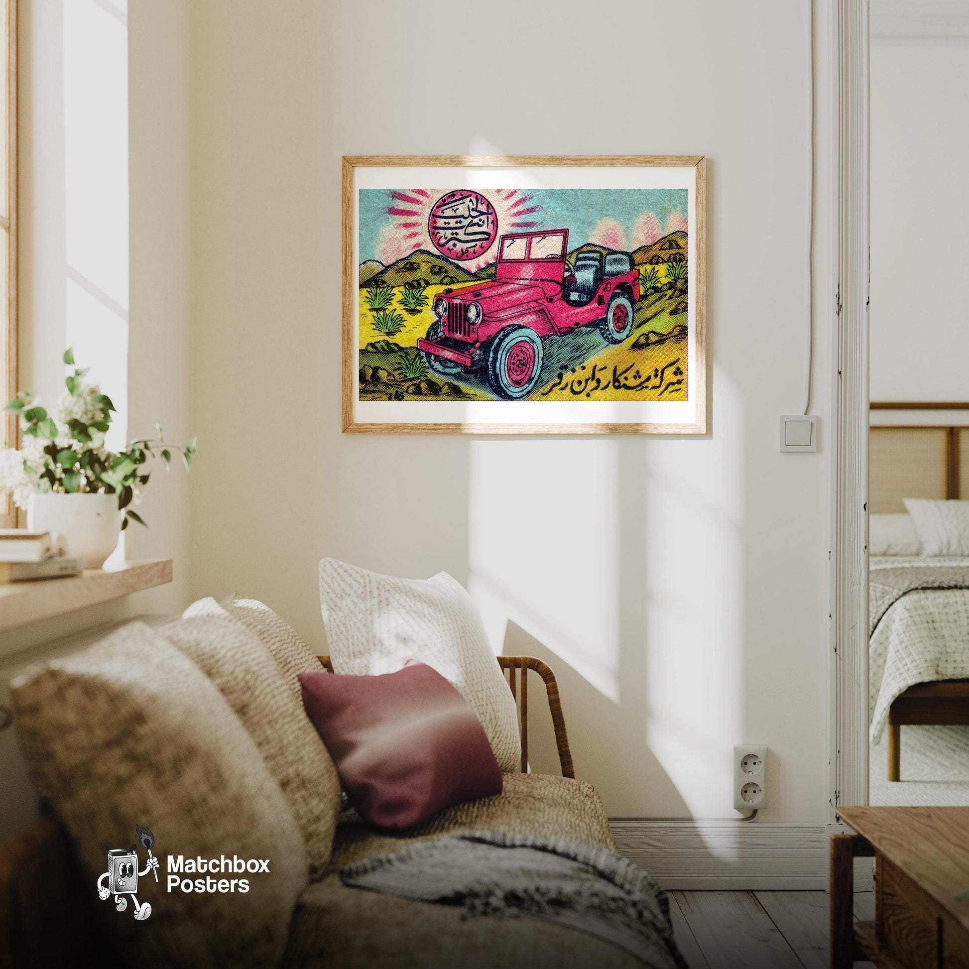 Red Jeep - vintage matchbox label print - living room mockup