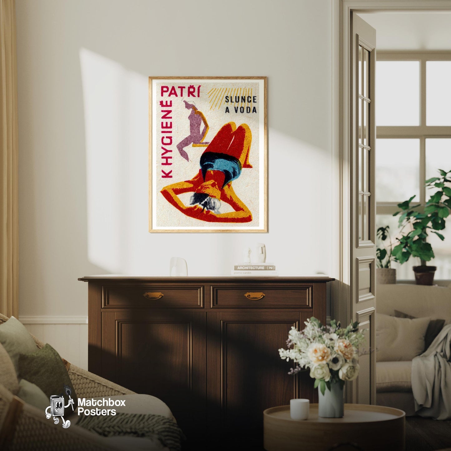 Sunbathing Woman - vintage matchbox label print - living room mockup