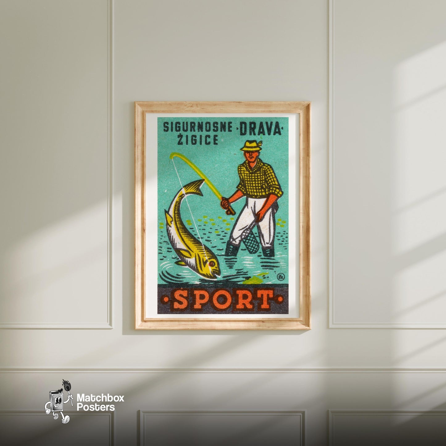 Fishing Man - vintage matchbox label print - bedroom mockup