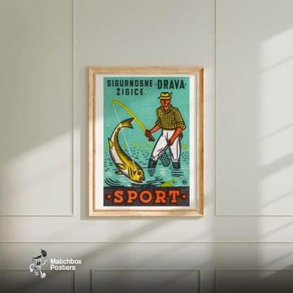 Fishing Man - vintage matchbox label print - bedroom mockup