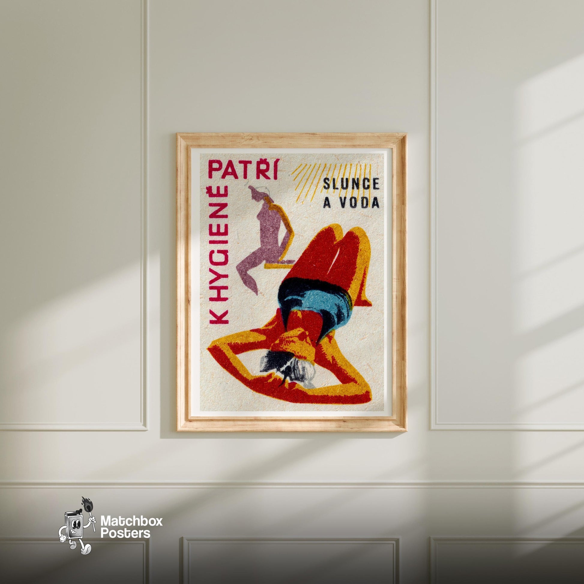 Sunbathing Woman - vintage matchbox label print - bedroom mockup