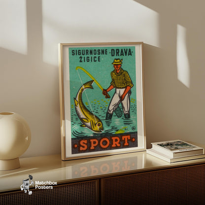 Fishing Man - vintage matchbox label print - size comparison