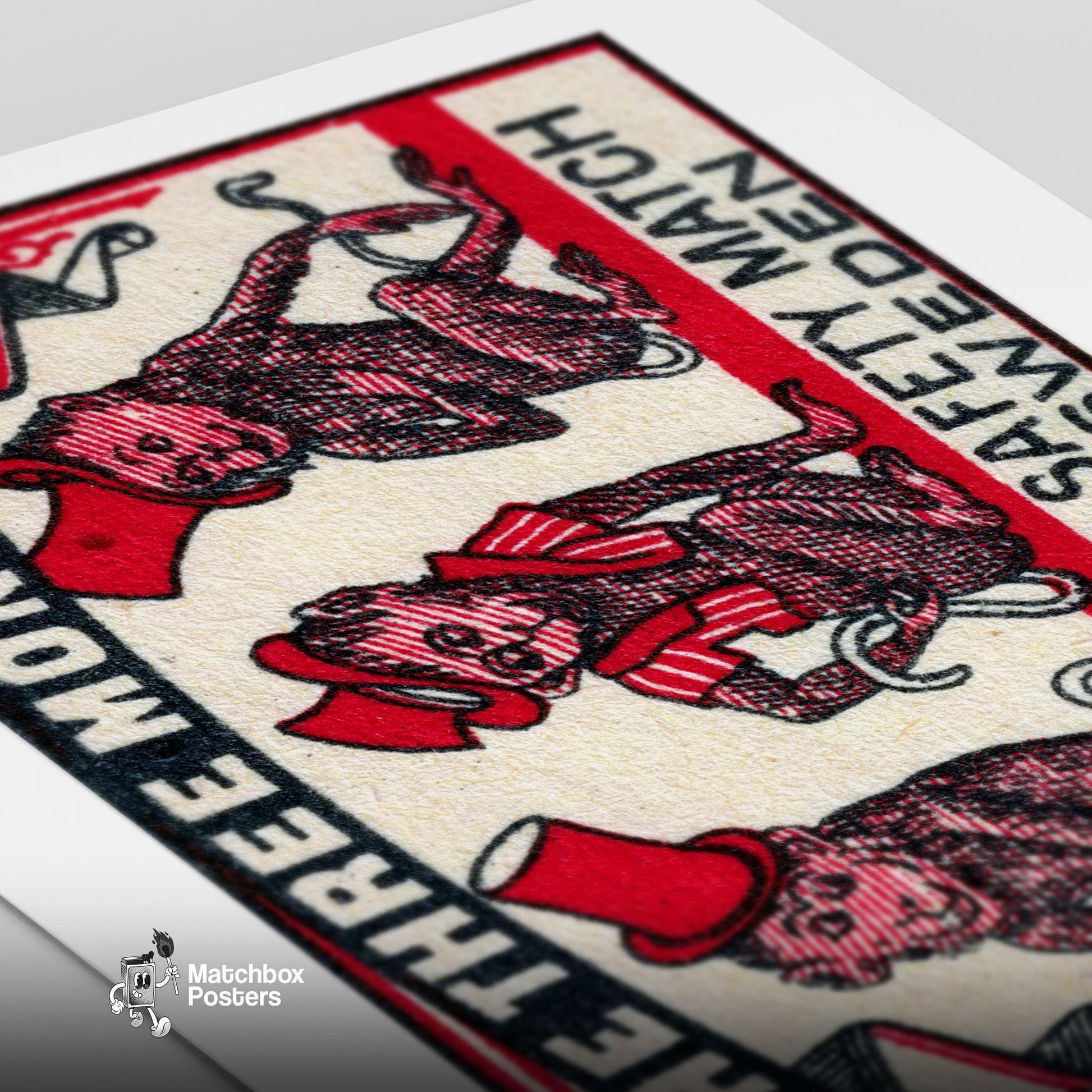 Three Monkeys - vintage matchbox label print - close-up detail