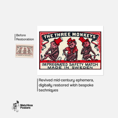 Three Monkeys - vintage matchbox label print - framed wall art preview