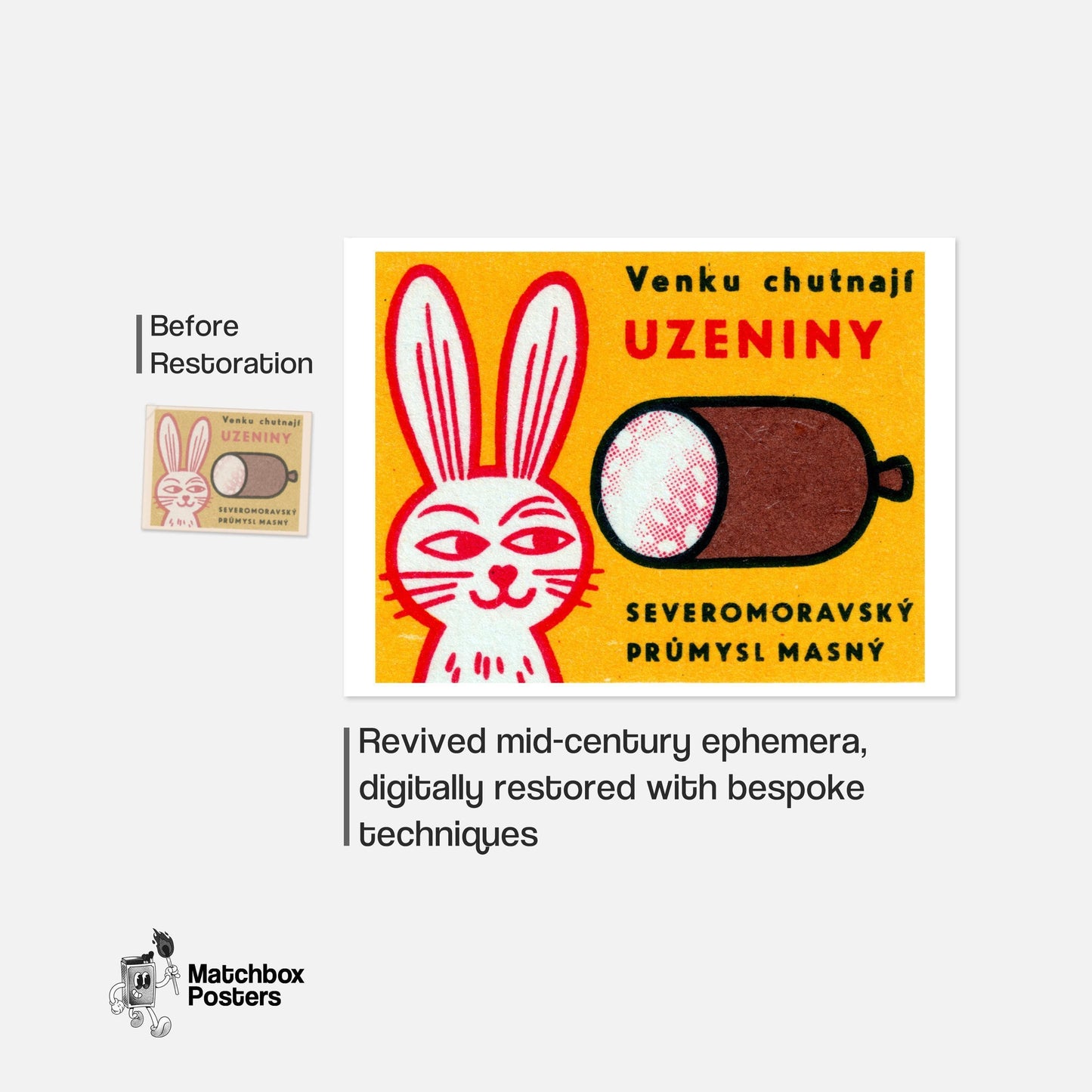 Rabbit looking at Sausage - vintage matchbox label print - framed wall art preview