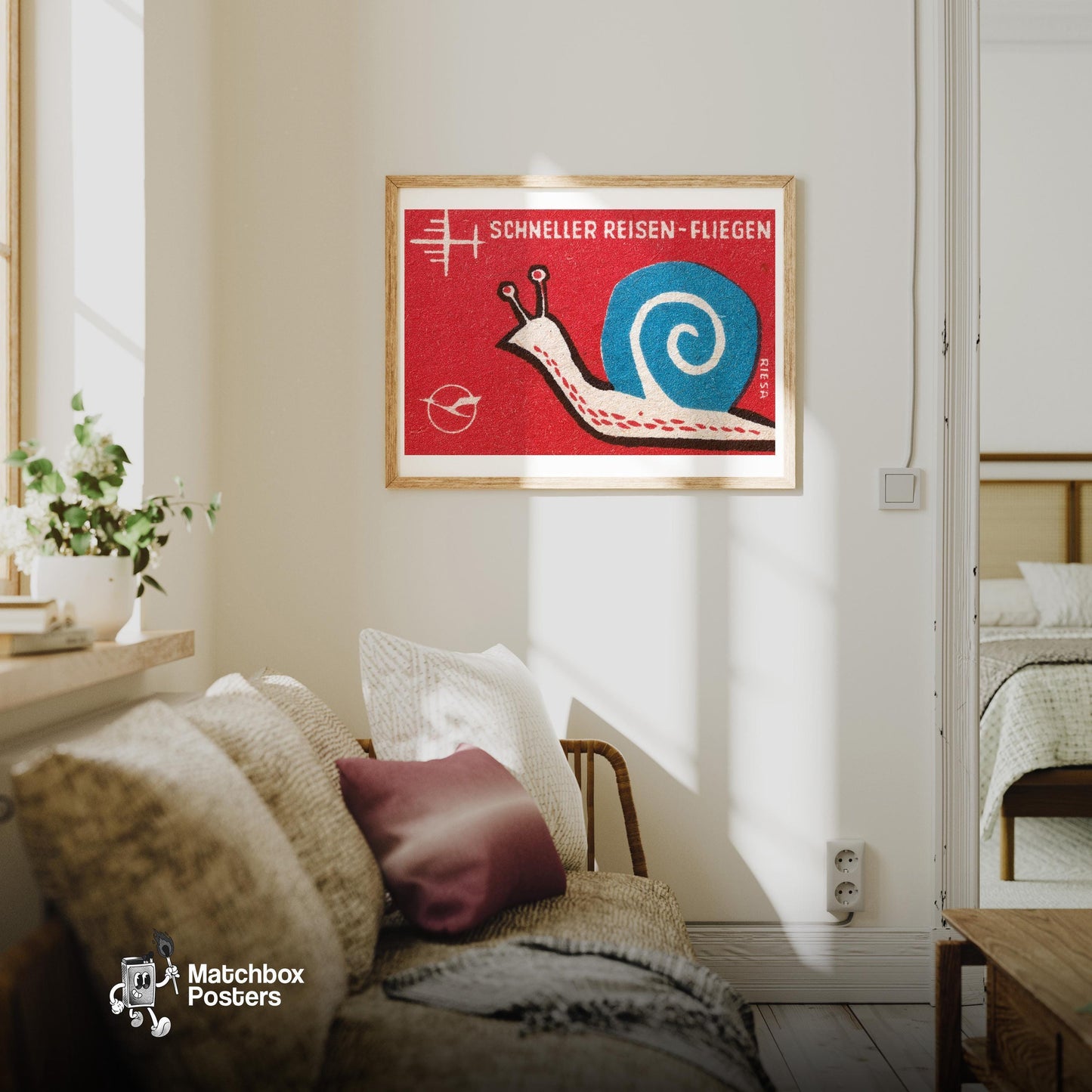 Blue Snail - vintage matchbox label print - living room mockup