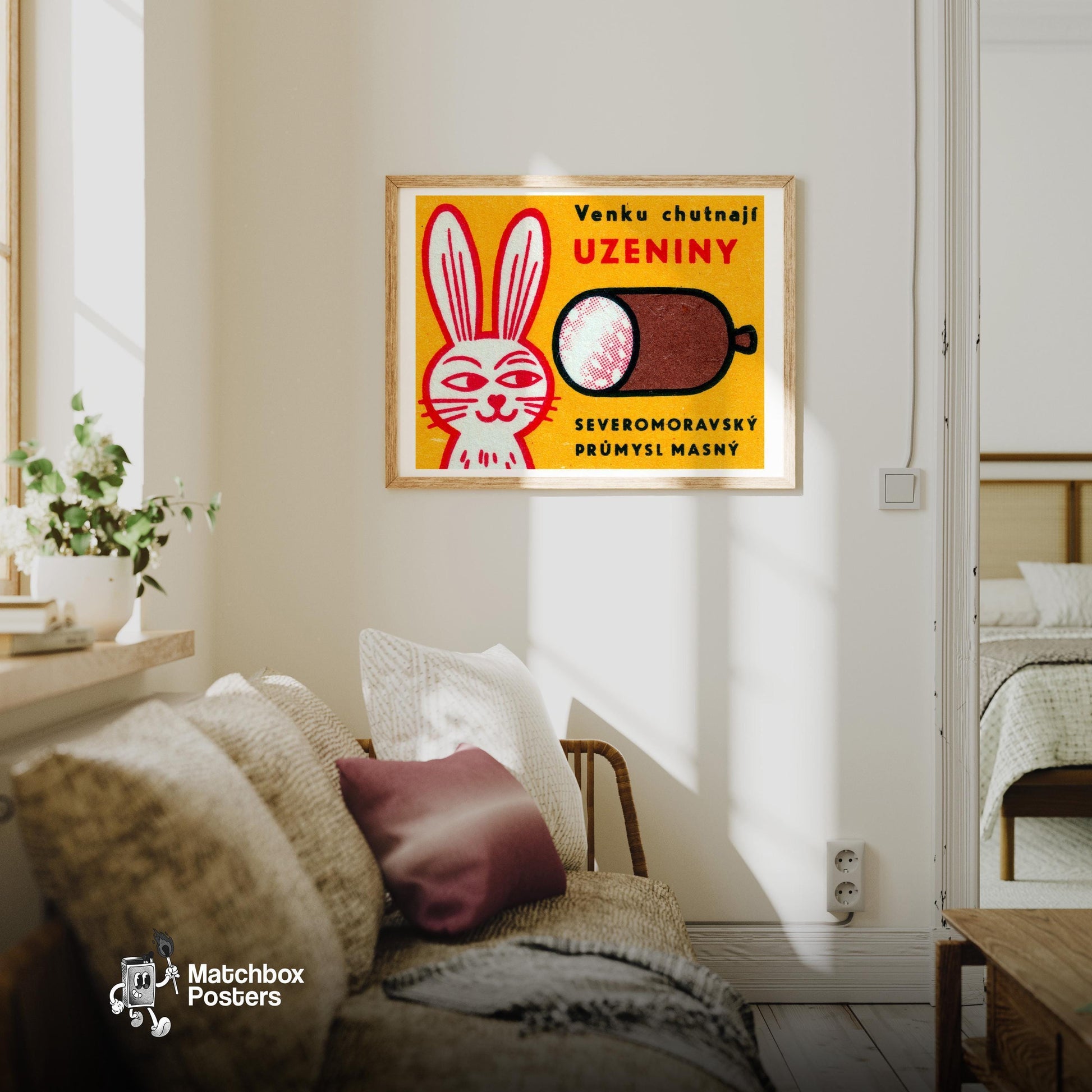 Rabbit looking at Sausage - vintage matchbox label print - living room mockup