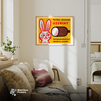 Rabbit looking at Sausage - vintage matchbox label print - living room mockup