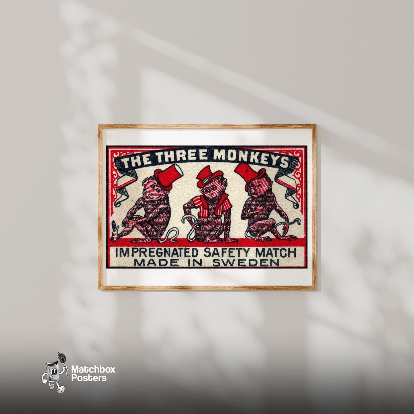 Three Monkeys - vintage matchbox label print - bedroom mockup