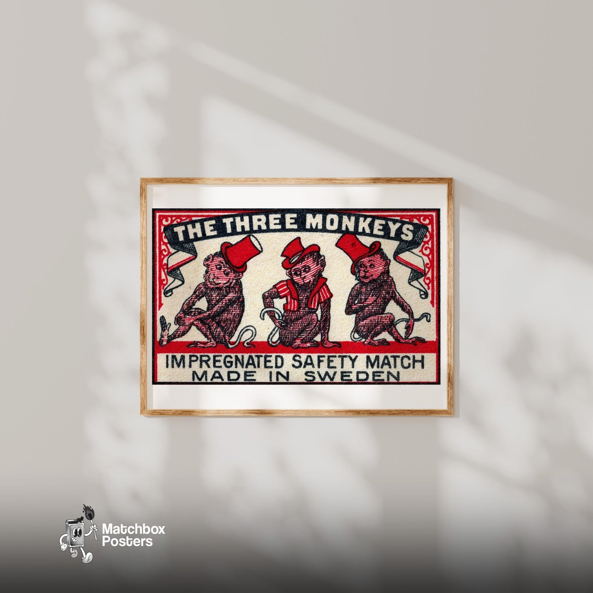 Three Monkeys - vintage matchbox label print - bedroom mockup