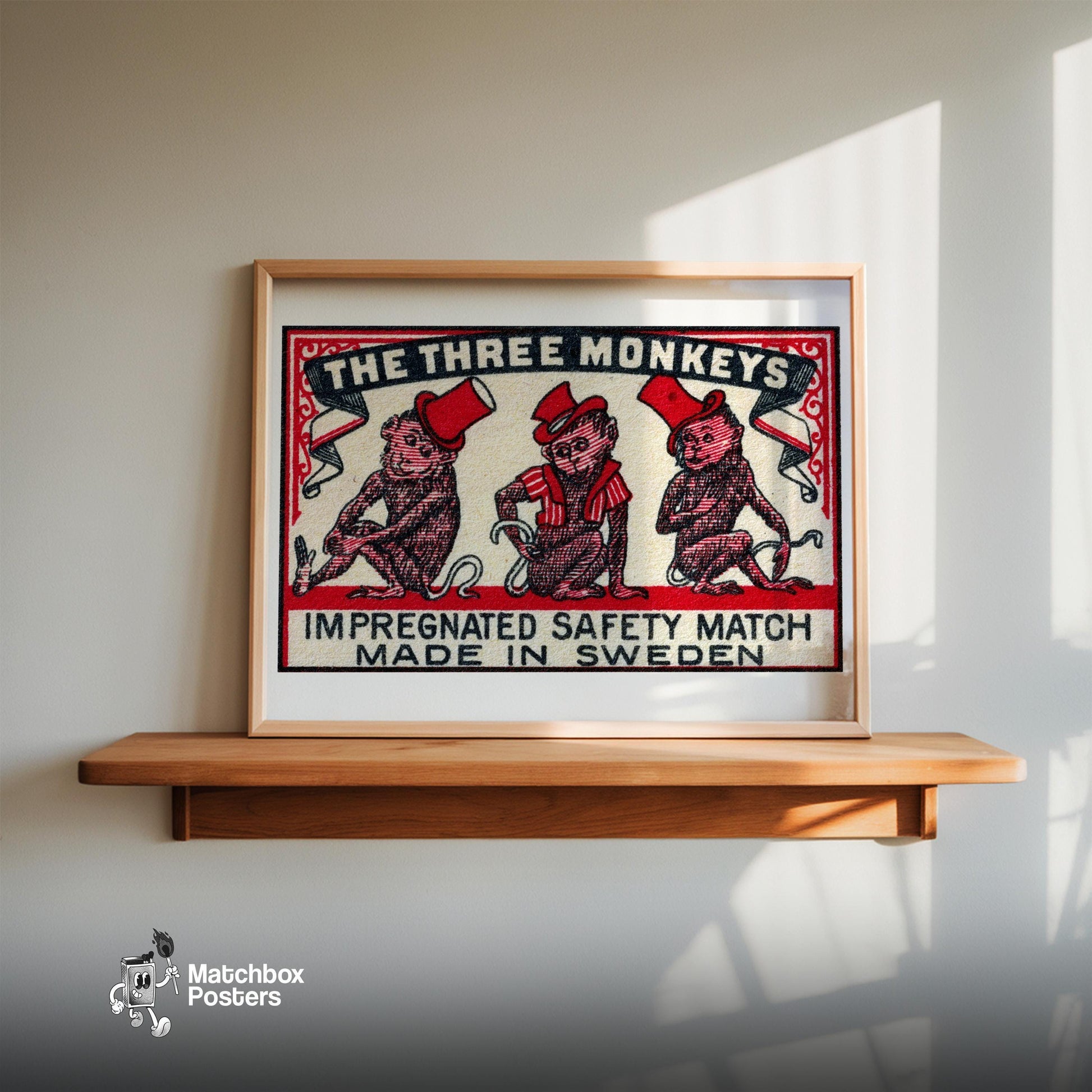 Three Monkeys - vintage matchbox label print - size comparison