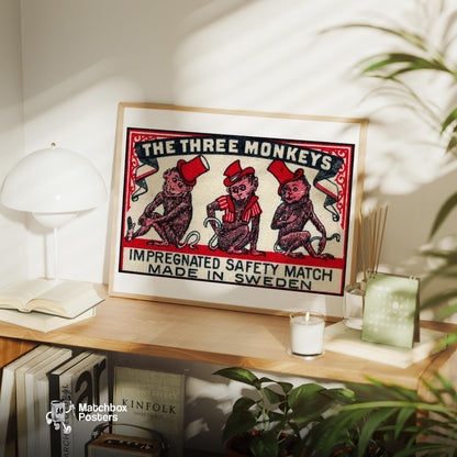 Three Monkeys - vintage matchbox label print - office wall